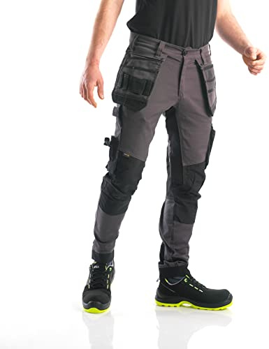 Bitco GARONE Pantalón de Trabajo Extensible para Rodilleras, Color Gris y Negro, Resistente al Agua y al Aceite, con Refuerzo de Cordura®, Bolsillos para Rodilleras, Bolsillos de Utilidad