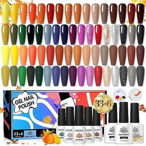 BORN PRETTY UV Nagellack Braun Nude Shellac Schwarz Rot Weiß Gel Nagellack 39PCS Gel Nägel Nagellack Set Top Coat Base Nagelkleber Matte Glitzer Shellac Nagellack Gelnägel Acryl Nägel Selber Set