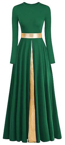 ELLYDOOR Women's Praise Dance Dress Metallic Waistband Long Swing Liturgical Worship Church Robe Dress Lyrical Dancewear Tag XL, Green