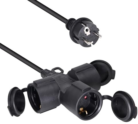 YIDE Verlängerungskabel Outdoor 15m mit 3 Schuko-Steckdosen, Gummi Verlängerung für den Außenbereich IP44, 3 Schutzkontakt Buchsen mit Schutzkappe, Baustellen Stromkabel außen 3500W, 3-Fach Verteiler