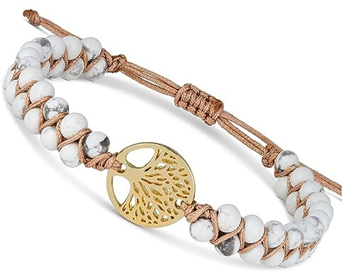 BENAVA Damen Yoga Armband Howlith Edelstein Perlen mit Lebensbaum Anhänger Weiß | Edelstein Armband Meditation | 16-24 cm