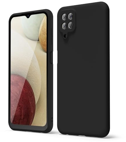 oakxco for Samsung Galaxy A12 Phone Case Silicone, Thin Slim Grip Soft Rubber Gel Protective Phone Case for Women, Matte Plain Solid Color Aesthetic Cute Girly Case with Camera Cover, Black