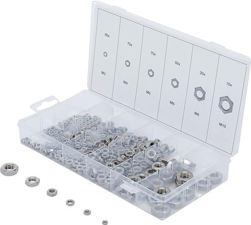 BGS 74249 | Sechskant-Muttern-Sortiment | Edelstahl | 300-tlg. | metrisch | Größen M3, M4, M5, M6, M8, M10 | für industrielle, konstruktive und private Anwendungen | Outdoor-Konstruktionen
