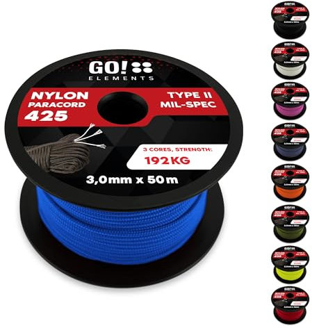 GO!elements 50m Paracord Seil aus reißfestem Nylon - 3mm Paracord 425 Typ II max. 192kg - Schnüre als Outdoor Seil, Allzweckseil, Survival Seil, Armband, Hundeleine, Nylonschnur, Farbe: Blau