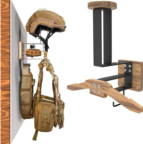 HHUXIUE Motorcycle Helmet Holder Wall Mount, Tactical Gear Holder with Helmet Stand and Plate Carrier Hanger, Solid Wood Wall Rack Organizer & Display for Police, Football, Cycling Gear