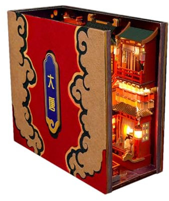 Kit Book Nook - Tang Dynasty Book Nook - Avec lumière LED - Pour bibliothèque, allée, puzzle en bois, bâtiment de serre-livres pour la maison, décoration d'étagère