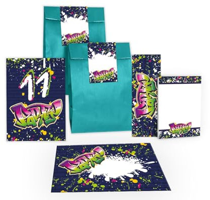 12 Einladungskarten zum 11. Kindergeburtstag Party Einladung Geburtstag Mädchen Kinder Jungs Jungen Boys Mitgebsel inkl. 12 Umschläge, 12 Tüten, 12 Aufkleber, 12 Lesezeichen, 12 Blöcke Graffiti