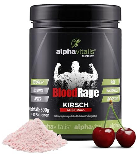 PRE WORKOUT BOOSTER 500g Blood Rage - leckerer Kirsche Geschmack - Max Pump - mit Koffein, L-Arginin, L-Citrullin, Creatin Monohydrat, beta Alanin, Taurin, Bitterorangenextrakt, Guarana uvm.