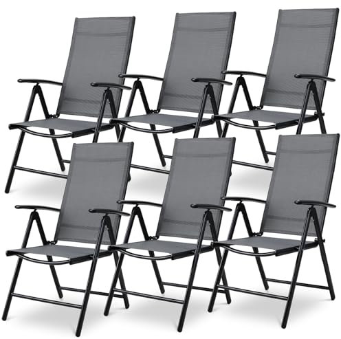 LIFERUN Gartenstuhl Hochlehner 6er Set, Aluminium Klappstuhl mit 7-Fach Verstellbar Rückenlehne, Alu Balkonstuhl, Klappbar Campingstuhl, Atmungsaktiv & Wetterfest, Dunkelgrau 6pcs