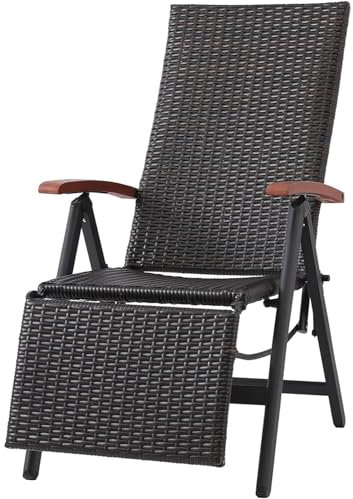 MAMIZO Rattan-Klappstuhl, 7-Fach Verstellbarer Aluminium Liegestuhl, Klappstühle mit Armlehne, Hochlehner Gartenstühle Klappbar, Bequemer Stuhl für Balkon Rattan, 217x55,5x66cm, Liegestuhl klappbar