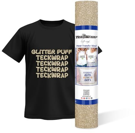 TECKWRAP Puff Glitter HTV 3D Puff Glitter Heat Transfer Vinyl Roll 10 x 5ft for DIY Clothing,T-Shirts,Fabric Gold Puffy Iron on Vinyl Compatible with Heat Press Craft Cutters