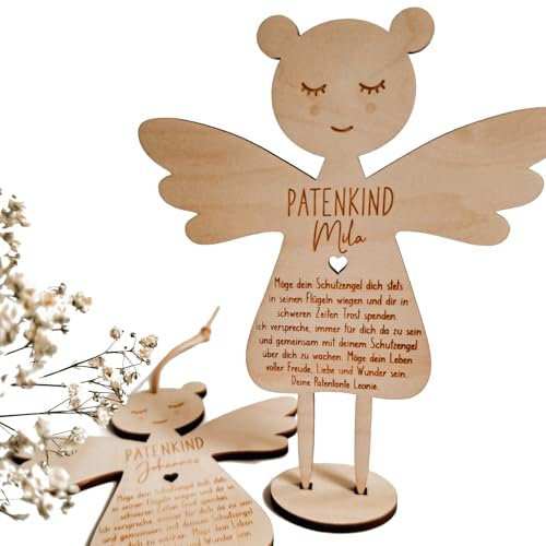 Paten Geschenk Schutzengel aus Holz zur Taufe oder Geburt mit Namen für das Patenkind – Ein einzigartiges Geschenk vom Patenonkel oder Patentante – Glückwünsche zur Taufe vom Paten