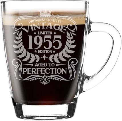 70th Birthday Gift for Men Vintage 1955 Aged to Perfection Engraved Glass Mug Gift for Coffee Lovers Tea Cup Present for 70 Year Old 300ml Coffee Mug Funny Novelty Mug Gift For Men or Women