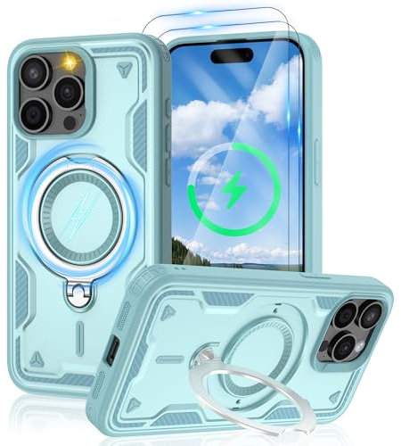 Jshru 3 in 1 Magnetic for iPhone 15 Pro Max Case,Compatible with MagSafe | Built-in Stand | 2 Pack HD Screen Protector,Military-Grade Shockproof Protective Cover for iPhone 15 Pro Max,Baby Blue