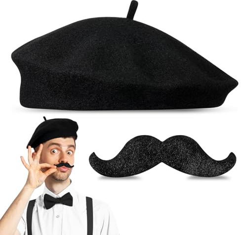 Hestya 2 Stück Herren Kostüm Baskenmütze und Schnurrbart für Karneval | Falscher Selbstklebender Schnurrbart, Baskenmütze, Erwachsene Unisex, Französisches Styling Zubehör, Für Kostümpartys