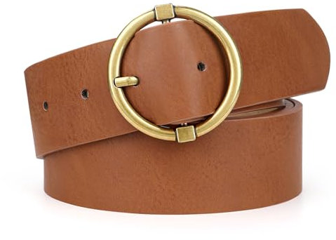 VONMELLI Modischer PU Ledergürtel Damen Jeans Taillengürtel Damen Mit Runder Schnalle für Hosen Braun-goldene Schnalle Passform für Taillengröße 109-120cm
