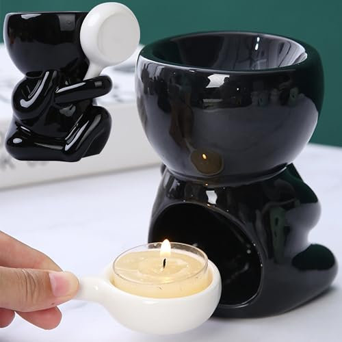 XFLYP Keramik Duftlampe Für Wachs, Mini Teelichthalter Öl Brenner Für Duftwachs-Ätherische Öle, Aromabrenner für Duftöl mit der Candle Löffel Aroma Diffuser (Schwarz 1)