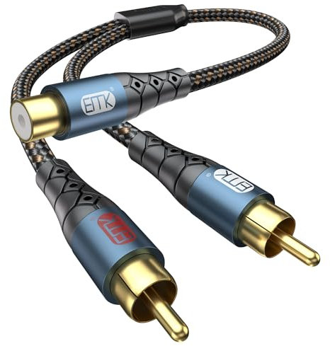 EMK RCA Splitter Cable, 30cm Coaxial Female to 2 Male 24K Gold Plated RCA (R&L) Adapter, Stereo Audio Y Splitter Cable Coaxial to 2RCA for Soundbar, TV, Speaker, Subwoofer (Female-2Male)
