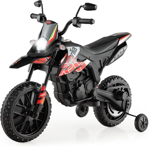 FANTASK Aprilia 12V Elektromotorrad für Kinder 5,5-6 km/h, Kindermotorrad mit Stützrädern & Musik & Scheinwerfer, Rote und Schwarze Motorrad für Kinder von 3 bis 8 Jahren, Rot