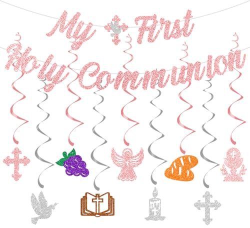 Meine erste heilige Kommunion Banner Erstkommunion Hängende Wirbel Meine Erstkommunion Dekorationen Taufschild Party Dekorationen für Christliche Jungen Mädchen Baby Shower Party Supplies Roségold