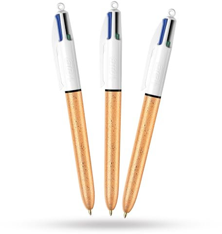 BIC Lot de 3 stylos multicolores rétractables 4 couleurs champagne avec corps doré givré avec quatre encres vives assorties pour l'école et le bureau