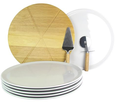 Lentz 6er Set Pizzateller Ø 33cm inkl. Echtholz Pizzabrett - Edelstahl Pizzaschneider & Pizzaheber
