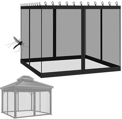 Moskitonetz für Pavillon 3x3 m, Gazebo Insektenschutz Fliegennetz Outdoor Moskitoschutz mit Reißverschluss, Ersatz Universalabwehr Sonnenschirm Mesh 4 Seitenteile mit Haken (Black, 300 x 300 cm)