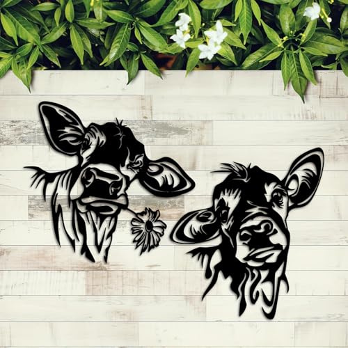 Metall Kuh Garten Ornamente Für Zäune Dekorationen Outdoor Home Kuh Tiere Garten Deko Skulpturen Gusseisen Silhouetten Baum Hof Wandkunst Geschenk Kuh1, Schwarz, 30x28,3cm, 2 Stück