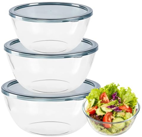 Tutamaz Set 3 Ciotole in Vetro Borosilicato con Coperchio Ermetico, 1050ml+2700ml+4400ml Senza BPA Resistente al Calore Impilabili per Cottura Forno Conservazione e Pranzo