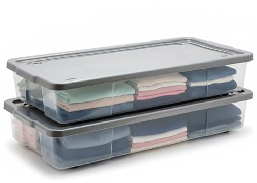 KYY'Z - 2x 47L Wheeled Underbed Storage Boxes Plastic Storage Containers on Wheels Ideal for Clothes Toys Bedding Organiser Stackable Home Bedroom Storage Clear Box with Grey Lid