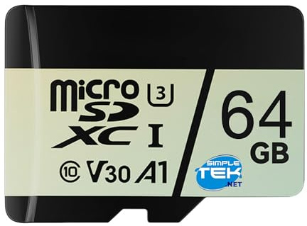 SIMPLETEK - Carte Micro SDHC UHS-I V30 64 Go - Classe 10, Mémoire haute vitesse optimisée pour enregistrement vidéo Full HD