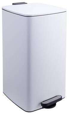 Relaxdays Mülleimer Küche, 30 Liter, Absenkautomatik, entnehmbarer Inneneimer, Mattes Metall, eckiger Treteimer, weiß