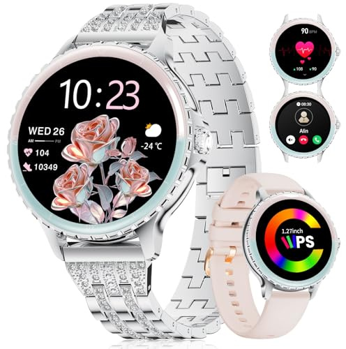 LIGE Reloj Inteligente para Mujer Llamada Telefónica 1,27 HD Redondo Elegante Acero Inoxidable Plata Diamante Smartwatch para Android iOS, Frecuencia Cardíaca,Monitor de Sueño,Ciclo Menstrual