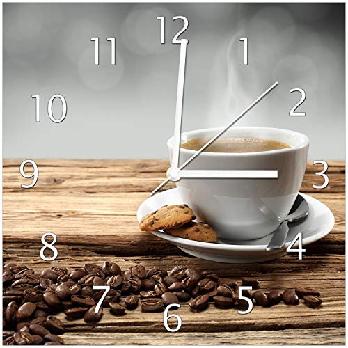 Wallario Design-Wanduhr Heiße Tasse Kaffee mit Kaffeebohnen aus Glas, Motiv-Uhr Größe 30 x 30 cm, weiße Zeiger