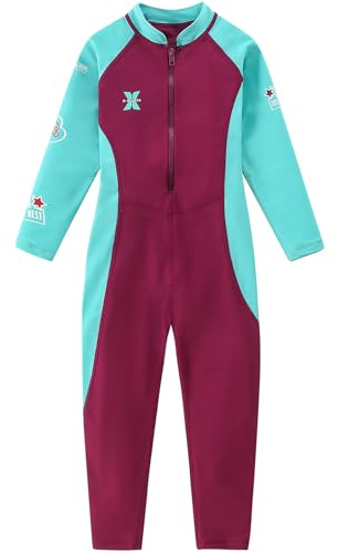 AIWUHE Kid's Full Body Swimwear Boys&Girls One Piece Swimsuit Long-Sleeve Water Sports Rash Guard UPF 50+ Sunsuit Sets Rose Red 7-8Y XXL