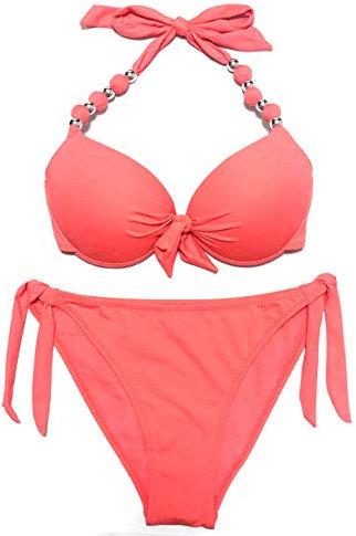 EONAR Damen Seitlich Gebunden Bikini Sets Abnehmbar Bademode Push up Bikinioberteil mit Nackenträger(L,Living Coral)