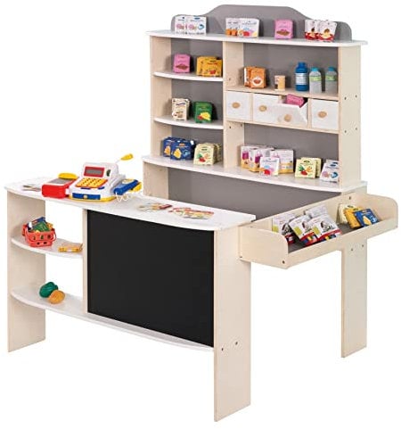 roba Kaufladen, inkl. Zubehör, natur, weiß/grau, 4 Schubladen, Uhr, Tafel, Theke & Seitentheke