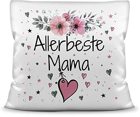 Kissen inkl. Kissenfüllung mit Spruch - Allerbeste Mama - Beste Geschenkidee für Familie und Freunde - Kissen Polyester - Weiß