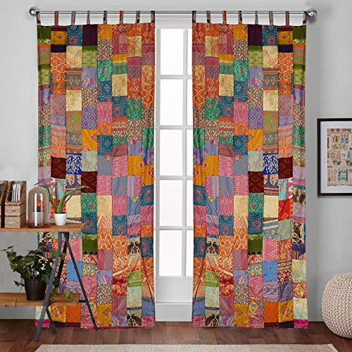 Set di 2 tende a pannello, stile indiano vintage, misto seta, patola, sari, fatte a mano, patchwork, per porta e finestra, con tasca per asta, decorazione per la casa (multi toppa, 213 x 106 cm per