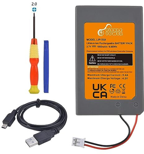 Pickle Power 1800mAh LIP1359 Battery Replacement for Sony Playstation 3 PS3 Dualshock 3 Wireless Controller CECHZC2E CECHZC2U with USB Cable and Tools