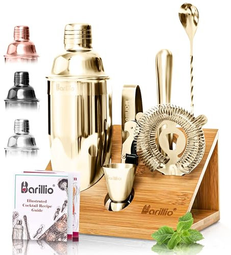 Gold Elite Mixology Bartender Kit Cocktail Shaker Set by Barillio: Golden Drink Mixer Set with Bar Tools, Sleek Bamboo Stand, Velvet Carry Bag & Recipes Booklet Small Bartender Kit Gold