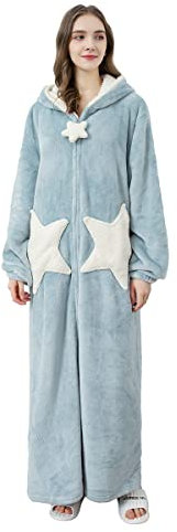 YYNUDA Bademantel Damen Flanell mit Kapuze und Reißverschluss Lang Hausmantel Morgenmantel(Blau L)