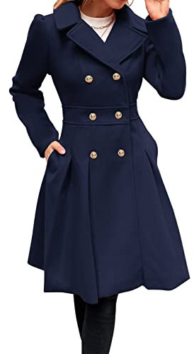 GRACE KARIN Womens Formal Wool Blends Coat Lapel Collar Button Down A-Line Pleated Dress Coat for Work Navy Blue XL