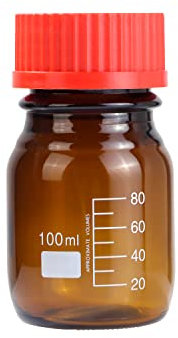 Pastein 20 Pieces Amber Glass Bottles With Stoppers, 100 mL Graduated Round Lab Reagent Media/Storage Bottle With GL45 Red Screw Cap