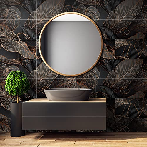 Alwayspon 12PcsX20cmX20cm Vinyl Floor Wall Tile Sticker Transfer, Non-slip Sticky Back Tile Decals for Kitchen Bathroom Self-adhesive Peel and Stick PVC Stick on Tile, Black and Gold Marble Effect