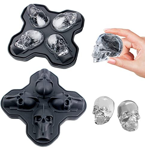 Ice Cube Tray Silicone Reusable Ice Cubes Ball Mold Maker Trays with Lid Each Separate Easy Release, Make 4 Skulls Black