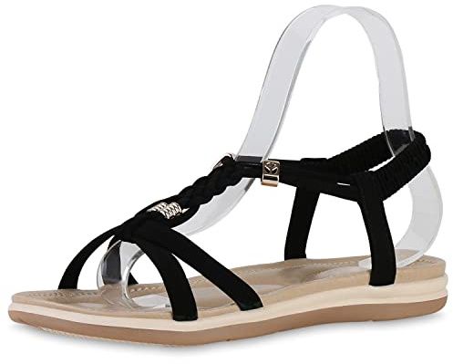 VAN HILL Damen Sandalen Riemchensandalen Schuhe Flache Zierperlen Sommersandalen Freizeit Leder-Optik Riemchenschuhe 212091 Schwarz 37