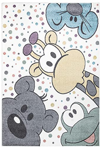 payé Teppich Kinderzimmer - Creme - 190x280cm - mit Giraffe Bär und Frosch - Pastellfarben Spielteppich Kinderteppich Kurzflor Weich