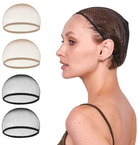 Wig Cap,Nylon Perücke Kappe,Perückenkappen,4 Stück Perückennetz Haarnetz,Wig Cap Set,Elastische Haarnetz Nylon Wig Cap für Frauen und Männer,Hautton und Schwarz