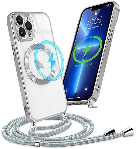 Micoden Handykette Hülle für iPhone 13 Pro mit Band Kompatibel mit MagSafe Kabellosem Laden Kameraschutz Vollständiger Transparent Silikon Case Kordel zum Umhängen Handyhülle Schutzhülle,Silber